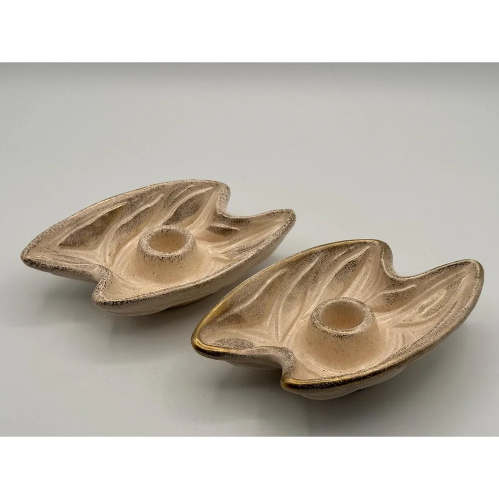 Vintage 1950s American Pottery Leaf Candlestick Holders-MCM Ceramic Candle Decor